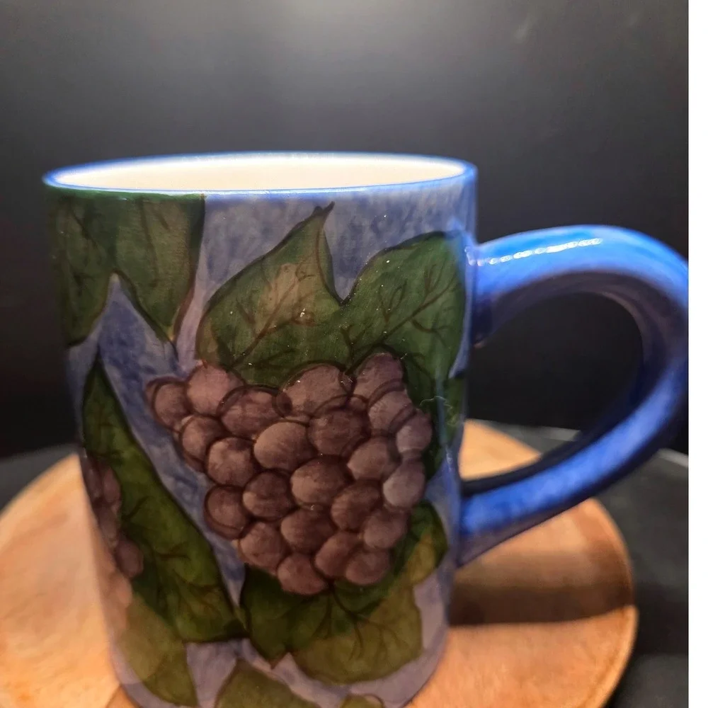 Pier 1 Grapes Mug Vintage Fruit Harvest Hand Painted Philippines Blue Purple